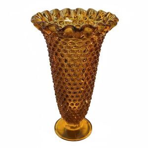 Vintage Fenton Amber Hobnail Ruffle Glass Vase